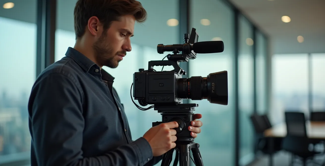 Vidéaste professionnel avec caméscope lors d'un tournage corporate