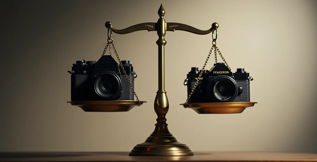 Balance ancienne en laiton avec deux plateaux montrant le déséquilibre symbolique entre équipements