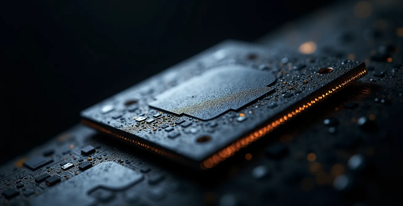 Vue macro d'un capteur d'appareil photo montrant la surface technologique et les détails microscopiques