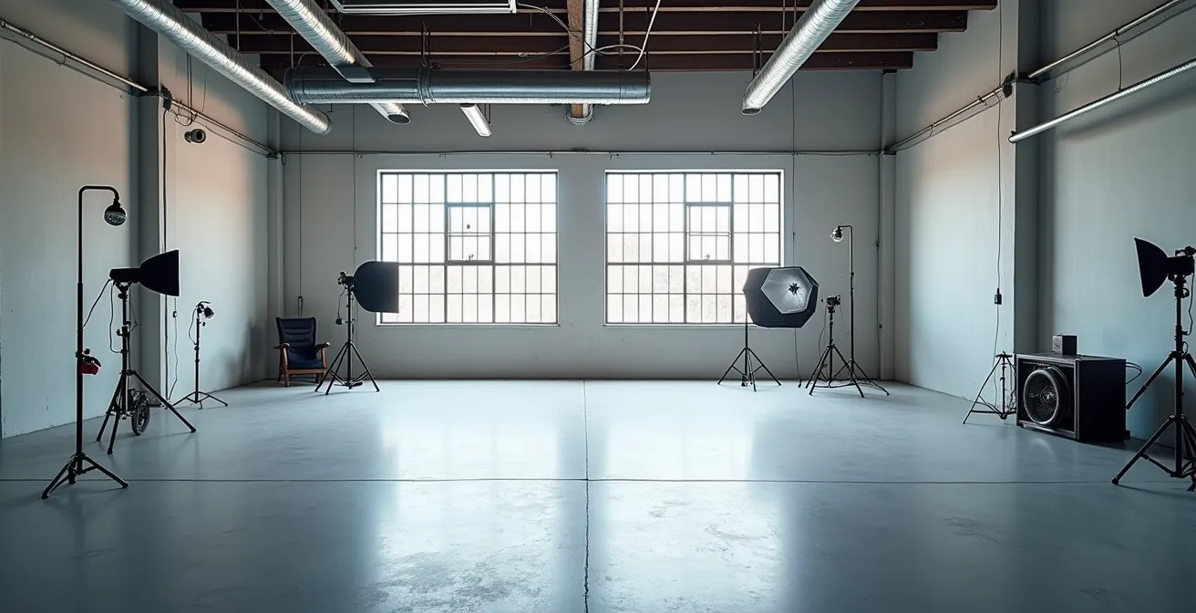 Vue large d'un studio photographique professionnel avec équipements et espace de travail organisé