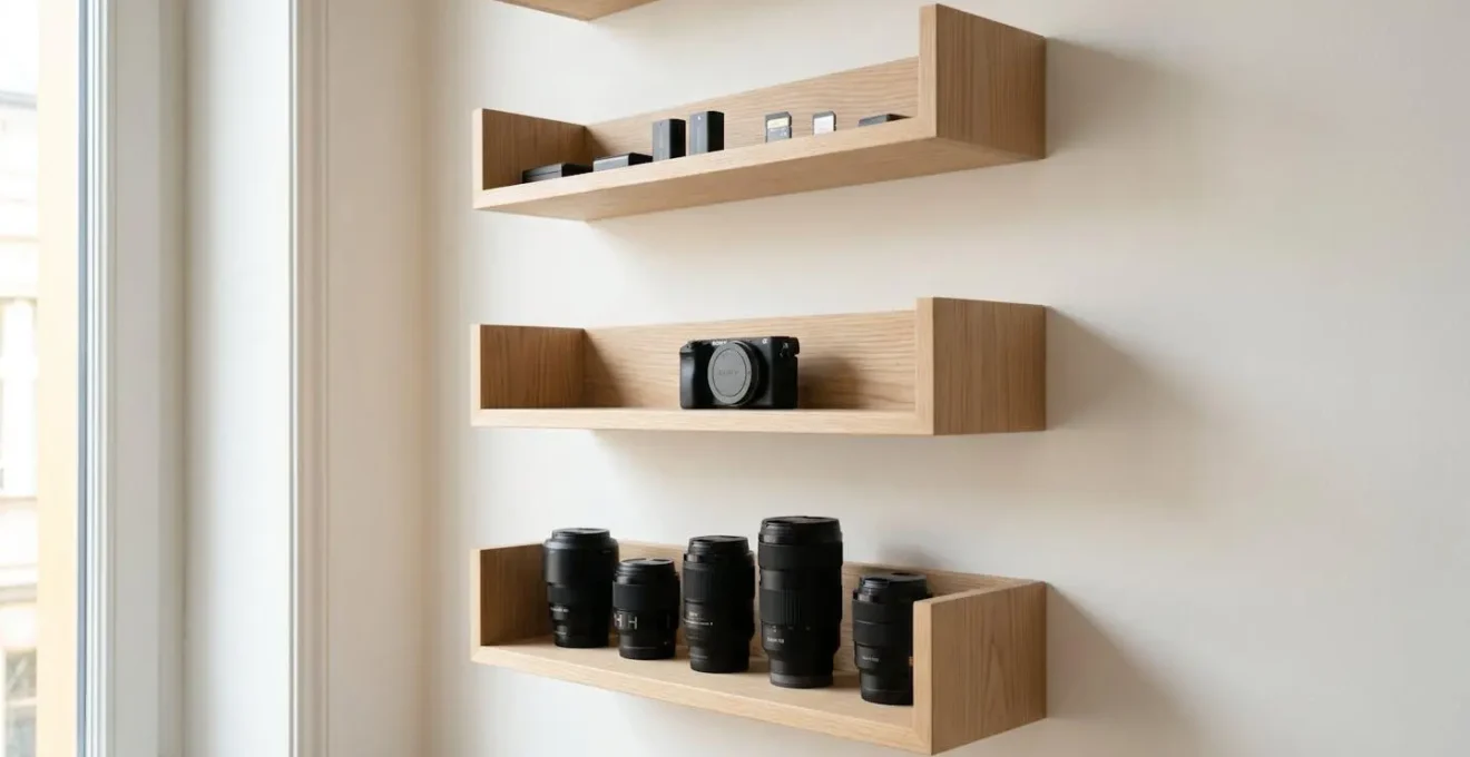 Étagères murales en bois clair disposées verticalement, présentant objectifs photographiques professionnels au niveau inférieur, boîtier hybride au niveau médian et accessoires au niveau supérieur, éclairées par lumière naturelle latérale douce