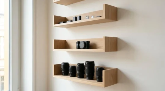Étagères murales en bois clair disposées verticalement, présentant objectifs photographiques professionnels au niveau inférieur, boîtier hybride au niveau médian et accessoires au niveau supérieur, éclairées par lumière naturelle latérale douce