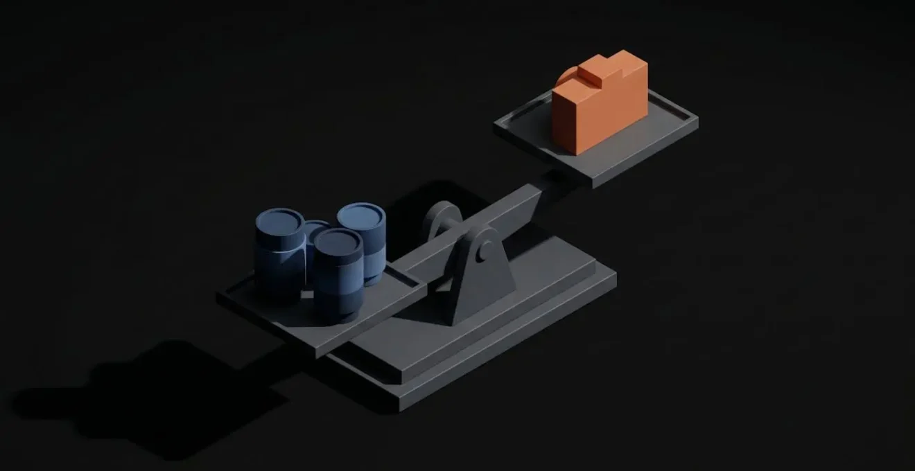 Illustration 3D isométrique d'une balance déséquilibrée avec plateau gauche chargé de cylindres représentant des objectifs photographiques et plateau droit léger portant un parallélépipède symbolisant un boîtier