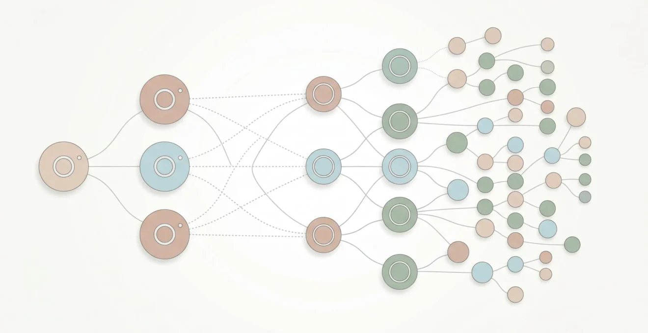 Illustration abstraite d'un réseau organique de cercles interconnectés de tailles variées représentant l'écosystème d'équipement photographique évoluant progressivement de gauche à droite avec lignes de connexion continues et pointillées