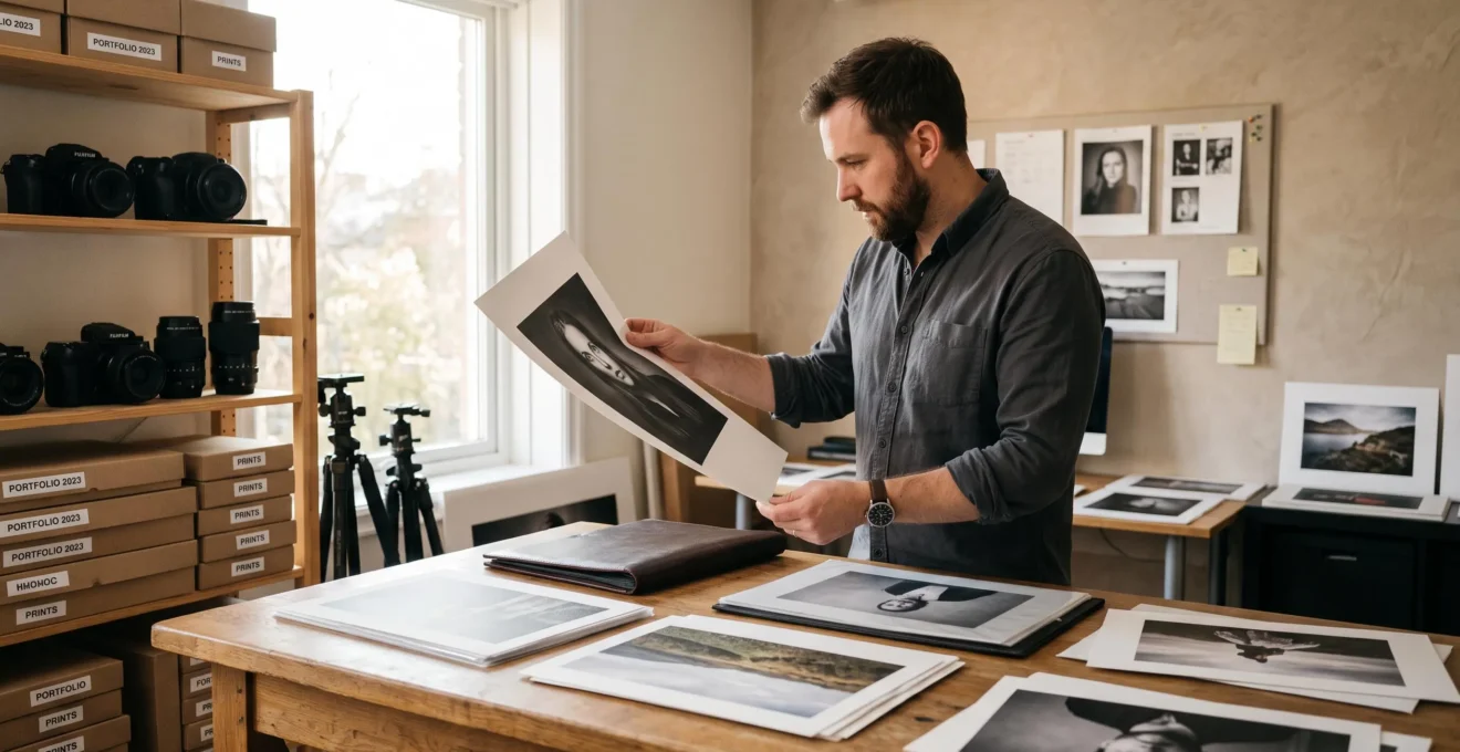 Un photographe professionnel trie et évalue des tirages photographiques disposés sur une table dans son studio pour composer son portfolio.