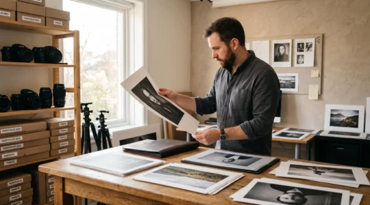 Un photographe professionnel trie et évalue des tirages photographiques disposés sur une table dans son studio pour composer son portfolio.