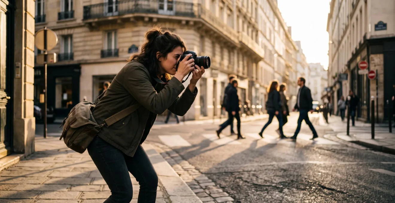 Une photographe cadre une scène de rue en milieu urbain français à la lumière dorée de fin de journée.