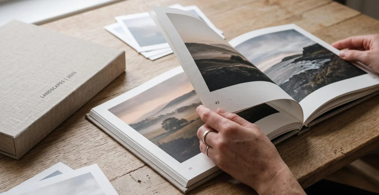 Les mains d'un photographe feuilletent un portfolio relié présentant une série cohérente de photographies posé sur une table.